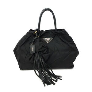 Prada Tessuto Gaufre Nylon Tote Bag ruched black leather handles tassel